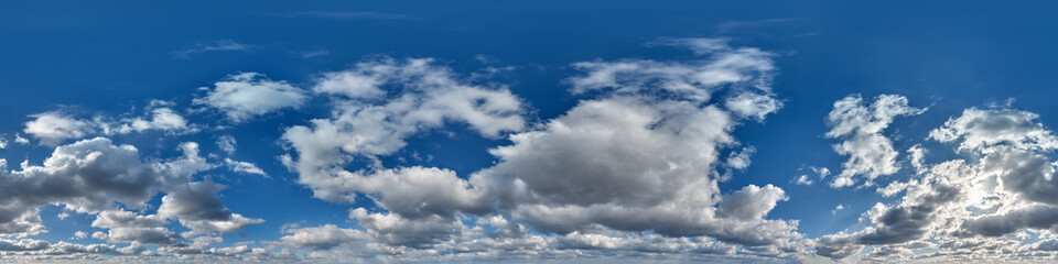 blue sky with cumulus clouds as seamless hdri 360 panorama with zenith in spherical equirectangular projection may use for sky dome replacement in 3d graphics or game development and edit drone shot