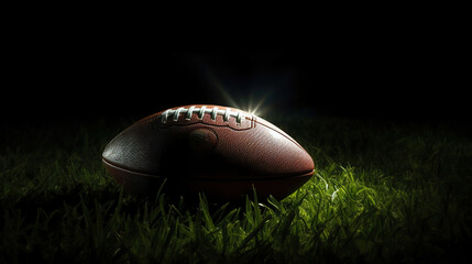American football on green grass, on dark background. Generative Ai