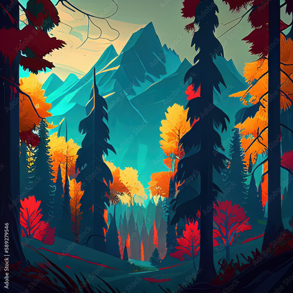 Wall mural forest scenery with mountains in the background generative ai