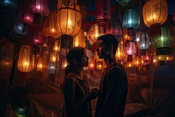 Generative AI Illustration of a couple next to some paper lanterns