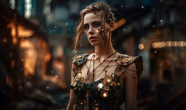 A cyber punk girl standing against dystopian world backdrop, generative Ai.