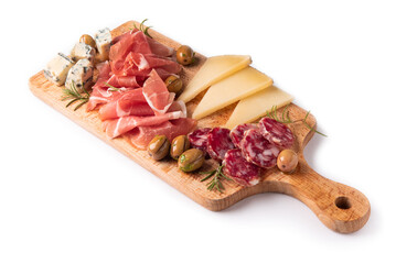 Tagliere con prosciutto crudo, pecorino, salame e gorgonzola, cibo rustico italiano 