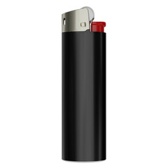 Black gas lighter with a drum and a red button. On a transparent background. 3D illustration