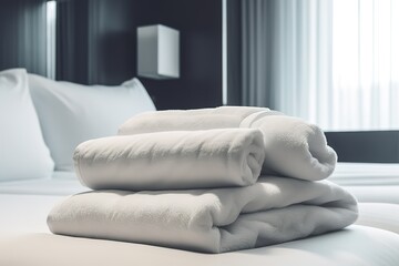 Fototapeta na wymiar White fresh towels on bed in hotel room | Fresh white linens in comfortable hotel room, AI generated