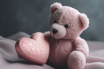 Valentines day and love concept. Pink fluffy teddy bear holding pink heart. Generative AI