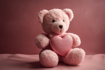 Valentines day and love concept. Pink fluffy teddy bear holding pink heart. Generative AI - obrazy, fototapety, plakaty