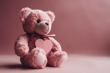 Valentines day and love concept. Pink fluffy teddy bear holding pink heart. Generative AI