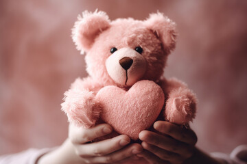 Valentines day and love concept. Woman hands holding pink fluffy teddy bear with pink heart. Generative AI