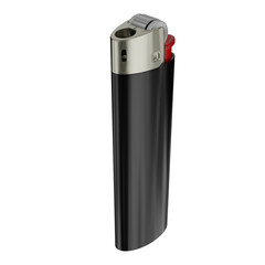 Black gas lighter with a drum and a red button. On a transparent background. 3D illustration