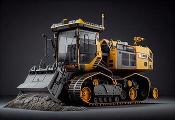 Tracked asphalt spreader machine and wheeled excavator 3d rendering on gray background with shadow. Generative AI