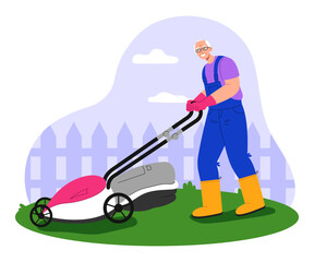 Male old gardener working in the yard. Handyman character mowing the lawn. Garden maintenance concept. Flat vector illustration.