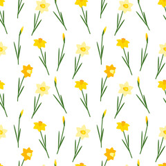 Yellow daffodils on a white background. Daffodils are spring flowers. Seamless pattern. Can be used to fill web page background, textile, wrapping paper. Vector