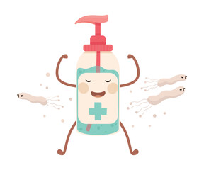 Cute hand sanitizer character fighting against microbes and viruses. Personal hygiene product, virus spread prevention cartoon vector illustration