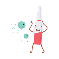 Funny smiling vial of vaccine character mascot. Vaccination and immunisation against disease spread cartoon vector illustration