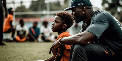 professional athlete coaching a young player from an underprivileged background (created with Generative AI)