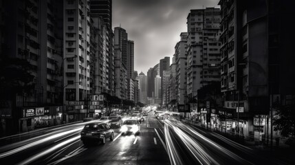 A dramatic black and white cityscape of a busy street with high-rise buildings and blurred traffic lights. generative ai