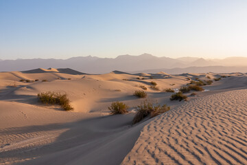 Scenic view on natural ripple sand pattern during sunrise at Mesquite Flat Sand Dunes, Death Valley...