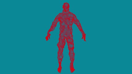 A human model of red moving lines and grids. The shimmering figure of a man. 3D rendering