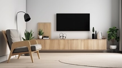 Cabinet for TV on the white wall in living room with armchair, minimal design. generative ai