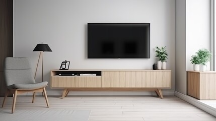 Cabinet for TV on the white wall in living room with armchair, minimal design. generative ai