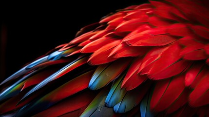 Fototapeta premium close up of Scarlet macaw bird's feather, generative ai