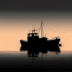 Silhouette of small fishing ship at sea..