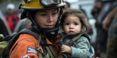 Naklejka premium A female firefighter carrying a child to safety during a rescue mission, demonstrating authority, confidence, and responsibility in her role (created with Generative AI)