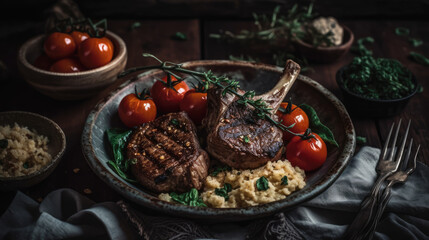 Fototapeta na wymiar Roasted Lamb Chops with Couscous and Roasted Tomotoes-Mediterranean Food-Generative AI