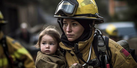 A female firefighter carrying a child to safety during a rescue mission, demonstrating authority, confidence, and responsibility in her role (created with Generative AI) - obrazy, fototapety, plakaty