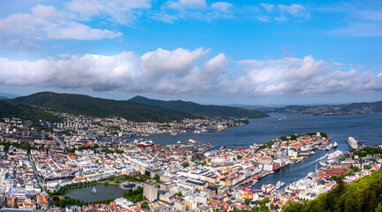 Fototapeta na wymiar Panoramic view of Bergen from Mount Floyen. Bergen is the city and municipality in Hordaland on the west coast of Norway 