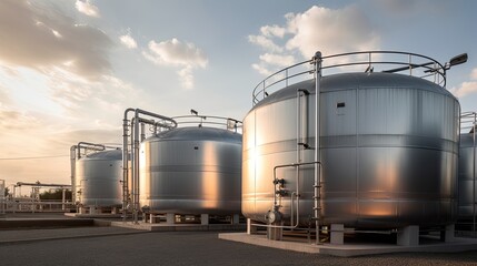 Obraz premium Hydrogen energy storage gas tank for clean electricity solar and wind turbine facility. generative ai