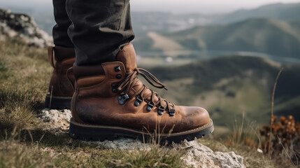 Male hiker walking on scenic mountain trail with close-up of leather hiking boots