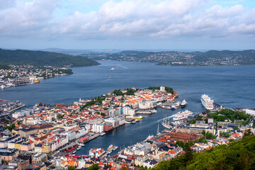 Naklejka premium Panoramic view of Bergen from Mount Floyen. Bergen is the city and municipality in Hordaland on the west coast of Norway 