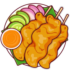 Indonesian chicken satay recipe recipe illustration vector. Chicken satay malaysian food icon top view. Thai beef satay and peanut sauce top view cartoon. Asian appetizers chicken satay food menu icon