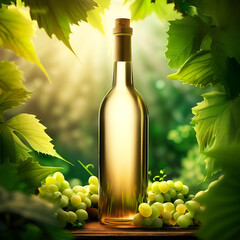 wine bottle filled with white wine standing in a natural setting surrounded by dense green wine leaves and grapes