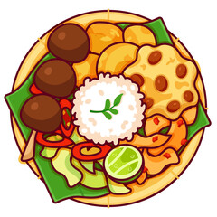 Indonesian food mixed rice (Nasi Campur) illustration vector. Traditional nasi campur malaysia food icon top view. Mixed curry rice curry singapore top view cartoon. Nasi Campur mixed curry rice food.