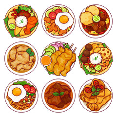 Indonesian food icon set menu vector. (Nasi Ayam Penyet,  Nasi Goreng, Soto Betawi, Opor Ayam, Chicken Satay, Nasi Campur,  Mi Goreng noodles, Daging Kelem, Lumpia  Spring Rolls) Asian food menu icon.