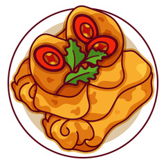 Indonesian spring rolls recipe (Lumpia) illustration vector. Lumpia wrapper in malaysia food icon top view. Asian shrimp lumpia spring rolls top view cartoon. Chinese lumpia spring rolls food menu.