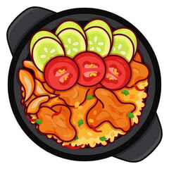 Indonesian nasi goreng fried rice recipe illustration vector. Malaysian fried rice (Nasi Goreng) food icon top view. Indonesian chicken fried rice top view cartoon. Singapore halal nasi lemak food.