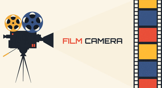 Retro background with vintage film camera and filmstrip. Vector illustration