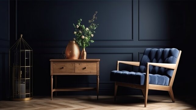 Stylish Modern wooden living room has an armchair on empty dark blue wall background. generative ai