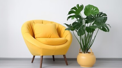 Yellow armchair and plant isolated on a white background, generative ai