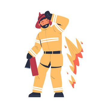 Professional firefighter with extinguisher. Fireman character in uniform and hat with rescue equipment. Rescue emergency service in action cartoon vector