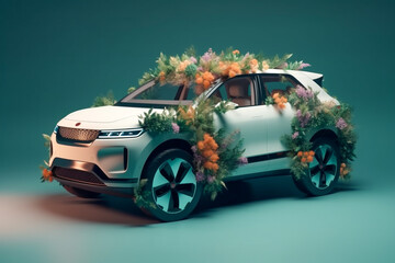 3d transport with botanical elements with simple background. Generative ai illustration