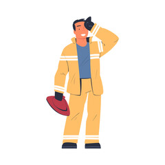 Professional firefighter character in uniform. Rescue emergency service in action cartoon vector illustration