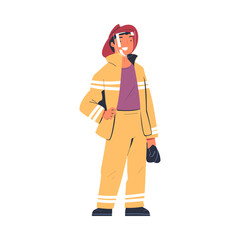 Professional firefighter character in uniform and helmet. Rescue emergency service in action cartoon vector illustration