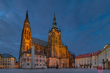 Prague castle square in blue hours in cloudy spring evening
