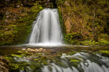 Fototapeta na wymiar Bohinj Bistrica waterfall and spring in north fresh Slovenia in nice forest