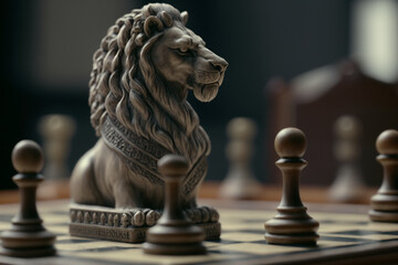 The Royal Lion King chess pieces on a chess board, winner of bussiness and successfully, management or leadership strategy and teamwork concept. Generative Ai - 589284991