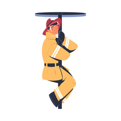 Professional firefighter on fire station pole. Fireman character in uniform and hat with rescue equipment. Rescue emergency service in action cartoon vector